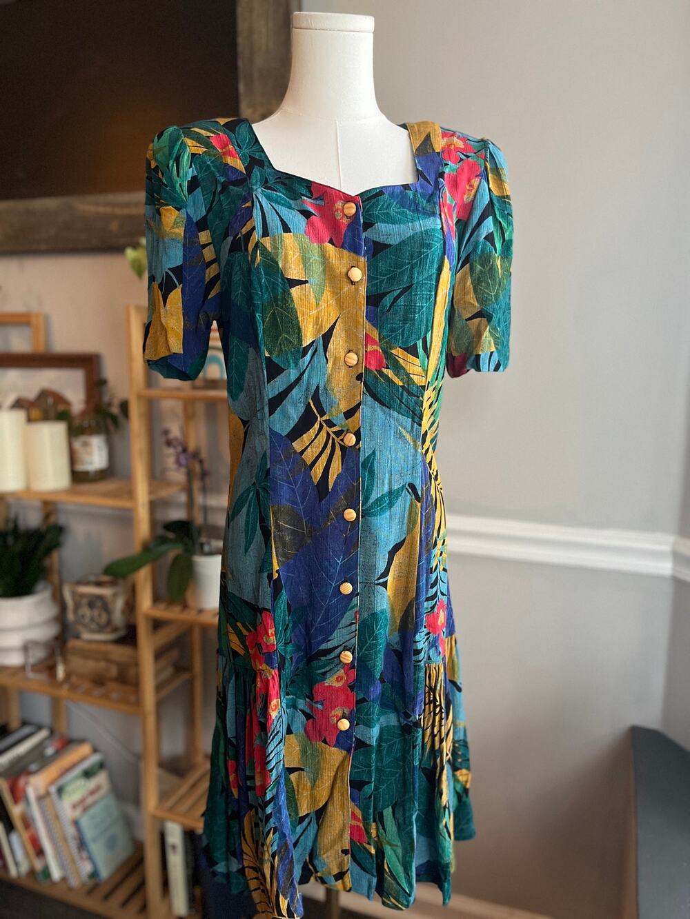 Vintage 90s Button Front Dress Tropical Plant Floral Knee Length Size Medium